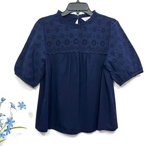Crown & Ivy Women’s Blue Short Puff Sleeve Eyelet Knit Top